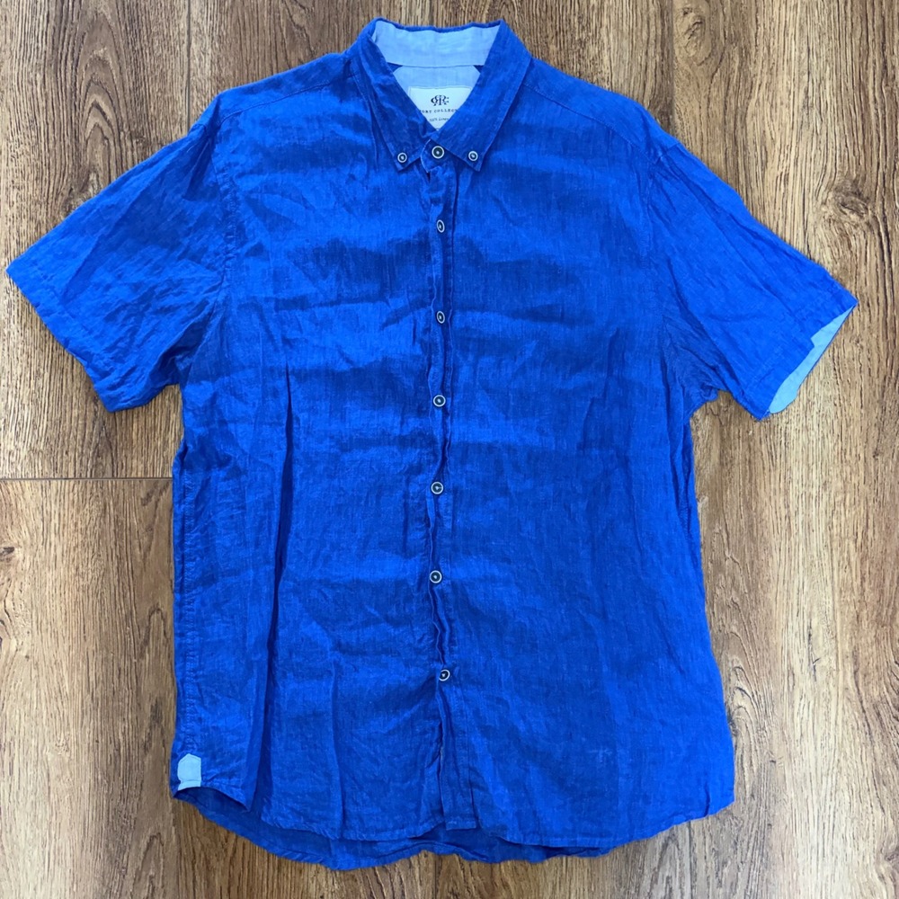 Report Collection Blue 100% Linen Short Sleeve Button Down Shirt Mens L resort